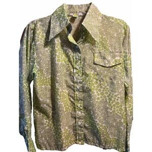 Skyr Vintage Womens Medium Shirt Green Nylon Disco Floral Button Down Top EUC